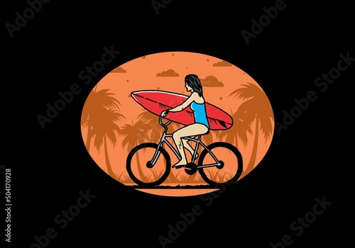 illustration of a woman going surfing on a bicycle