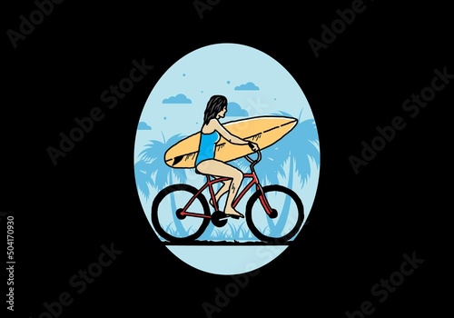 illustration of a woman going surfing on a bicycle