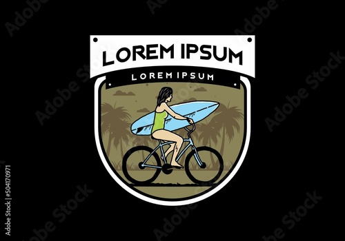 illustration of a woman going surfing on a bicycle