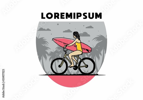 illustration of a woman going surfing on a bicycle