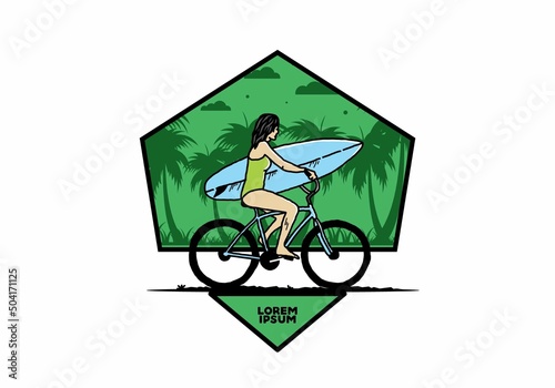 illustration of a woman going surfing on a bicycle