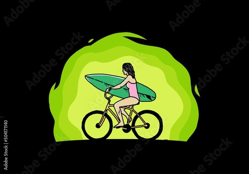 illustration of a woman going surfing on a bicycle