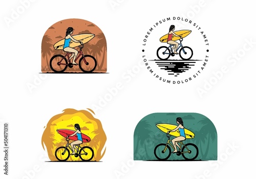 illustration of a woman going surfing on a bicycle