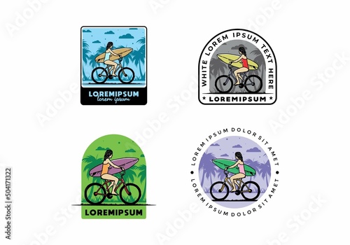 illustration of a woman going surfing on a bicycle