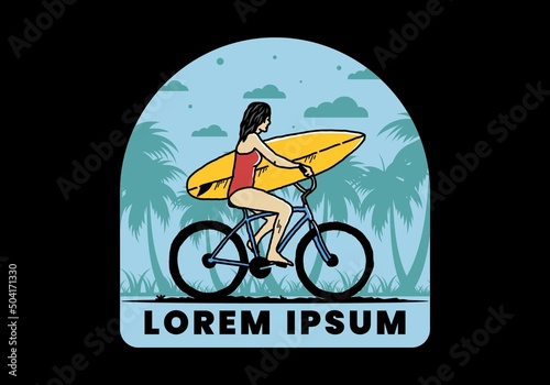 illustration of a woman going surfing on a bicycle