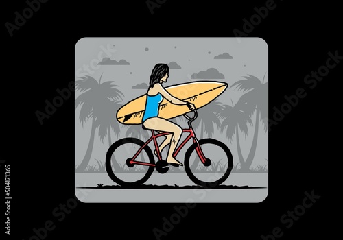 illustration of a woman going surfing on a bicycle