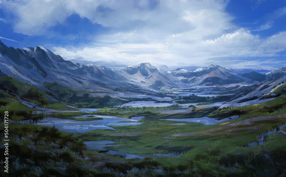 Fantastic Epic Magical Landscape of Mountains. Summer nature and forest. Mystic Valley, tundra. Gaming assets. Celtic Medieval Gaming background. Beautiful sky with clouds. Book cover, poster	