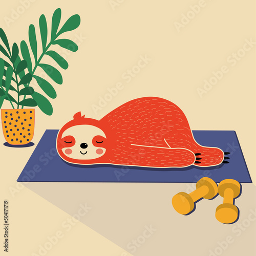 Bright and cute Sloth goes in for sports, but he is too lazy to do it. he is surrounded by dumbbells and flowers