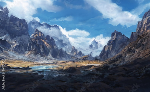 Fantastic Epic Magical Landscape of Mountains. Summer nature. Mystic Valley, tundra. Gaming assets. Celtic Medieval Gaming background. Rocks and canyon. Beautiful sky with clouds. Book cover, poster © Abstract51