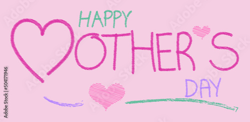 Mother postcard with child drawing sketch on pink paper background. Vector symbols of love in shape of heart for Happy Mother's Day greeting card design. Handwritten celebration card for mom.