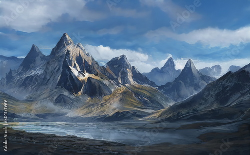 Fantastic Epic Magical Landscape of Mountains. Summer nature. Mystic Valley, tundra. Gaming assets. Celtic Medieval Gaming background. Rocks and canyon. Beautiful sky with clouds. Book cover, poster
