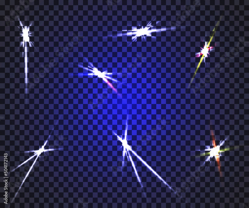 Laser beams, horizontal light beams. Beautiful light flashes. Glowing stripes on a dark background in the form of a star. Glowing abstract glitter background with lined.