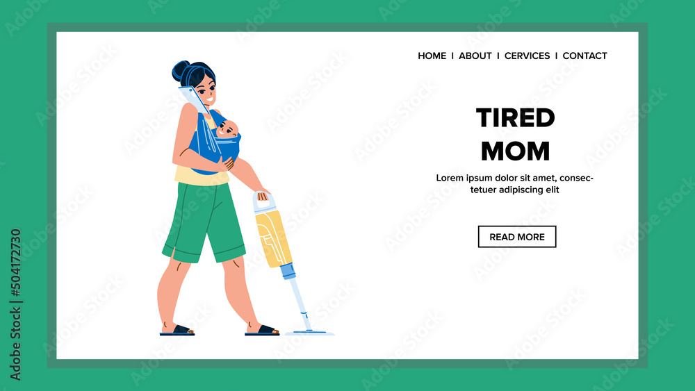 Tired Mom Housework And Motherhood At Home Vector. Tired Mom Cleaning House Floor With Vacuum Cleaner, Care Child And Talking On Cellphone. Character Mother Occupation Web Flat Cartoon Illustration