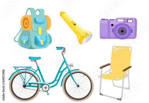 Summer trip set with bicycle, camera, backpack, flashlight, chair. Camping set. 