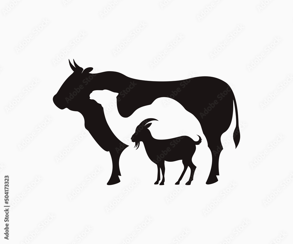 Obraz premium Bull, Lamb, Goat, Camel stencil vector. Animal stencil, Farm animals. Stacked Cow, Lamb, Bull, Goat vector. 