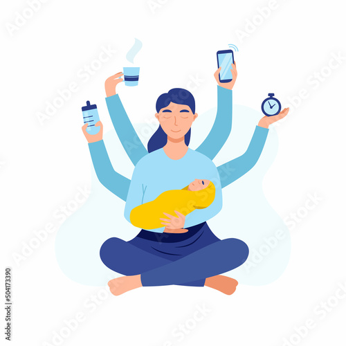 Young mother manages to do a lot of things. Mother with baby. Good management. Vector illustration. 