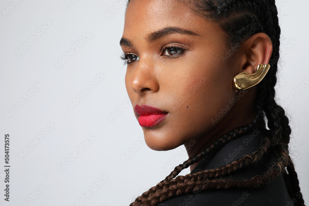 Gorgeous African American woman with long braids posing in the studio ...