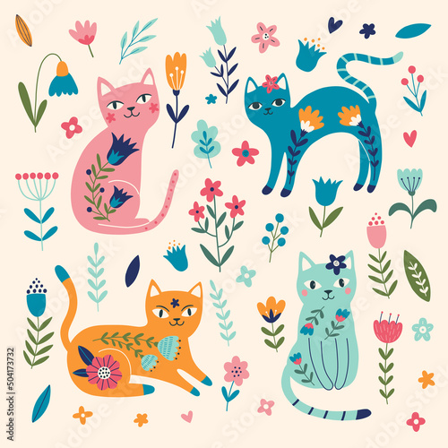 Big set of hand-drawn cats and flowers. Cute Flower Cats in cartoon style. Vector illustration isolated on beige background.