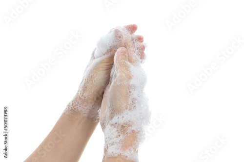 Woman washing nails on white background