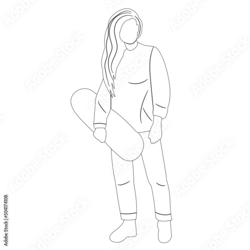girl with a skateboard sketch, outline, isolated, vector