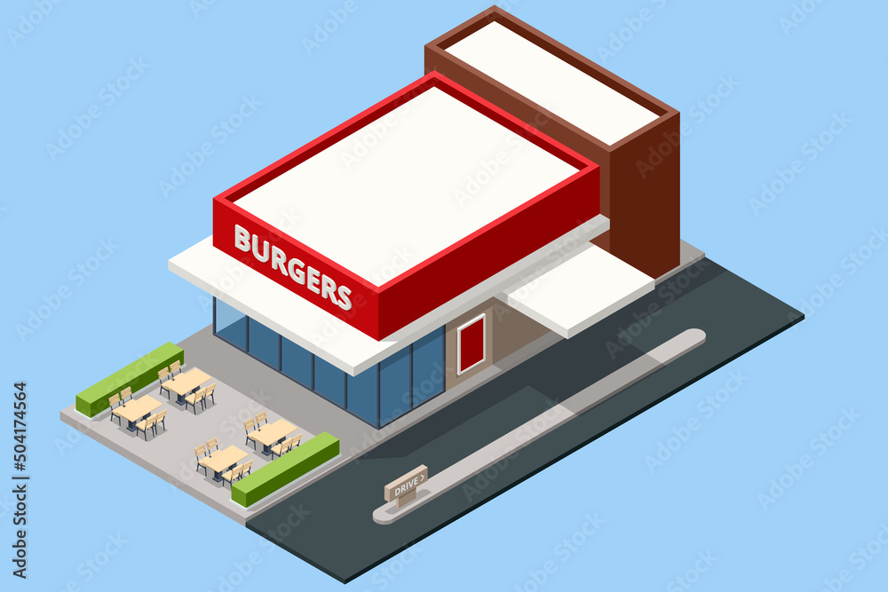 Isometric Facade of Fast Food Store Restaurant. Fast food restaurant building Isometric Facade of Fast Food Store Restaurant. Fast food restaurant building