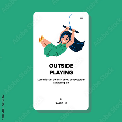 Outside Playing Cute Little Girl Child Vector. Happy Preschooler Outside Playing And Swinging On Tree Bungee. Character Kid Funny Leisure Time Outdoor Web Flat Cartoon Illustration