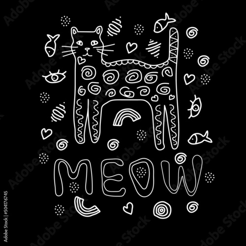 Funny cat and doodle figurines painted in white, with the inscription "Meow", the effect of a hand-drawn children's drawing