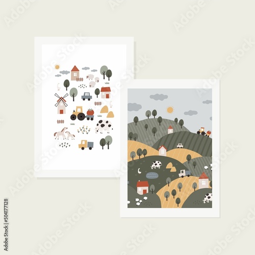 Cute Farm colorful poster. Hand drawn vector boho animals, three, house, horse, goose, cow, sheep, tractor, cars, vegetables. Village landscape