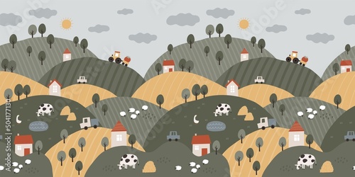 Cute Farm colorful poster. Hand drawn vector boho animals, three, house, horse, goose, cow, sheep, tractor, cars, vegetables. Village landscape
