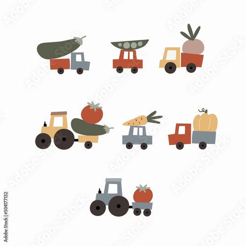 Cute Farm and cars colorful collection. Hand drawn vector tractor, cars, truck with vegetables. Boho print harvesting, organic products
