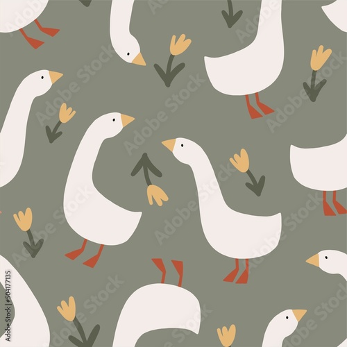 Hand drawn spring pattern with cute cartoon goose, flowers, leaves. Seamless pattern