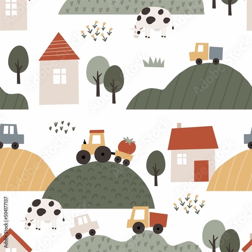 Cute Farm pets colorful collection. Hand drawn vector domestic animals set. Boho seamless pattern with three, house, horse, goose, cow, sheep, tractor, cars, vegetables. Village landscape