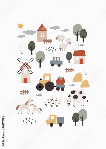 Cute Farm colorful poster. Hand drawn vector boho animals, three, house, horse, goose, cow, sheep, tractor, cars, vegetables. Village landscape