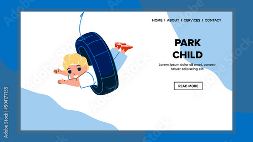 Child Boy Playing On Bungee Park Attraction Vector. Happiness Preschooler Swinging On Park Swing Wheel. Character Recreational Time On Playground Outside Web Flat Cartoon Illustration
