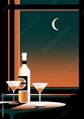 A bottle of wine and glasses on a table against a window and night city. Handmade drawing vector illustration. Art deco style.