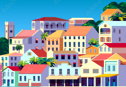 Tropical Island cityscape with traditional houses, palms and green trees in the background. Handmade drawing vector illustration.