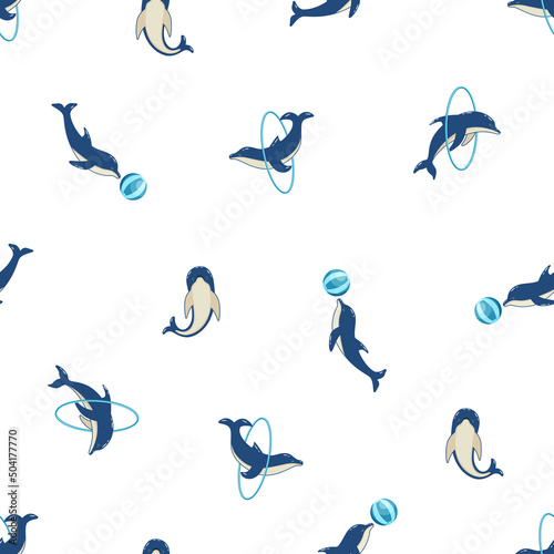 Seamless Pattern dolphins in different poses, vector illustration of marine animals. Painted dolphins swim and players in dolphinarium.