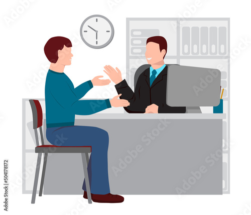 Male manager is sitting at a table. Young man is sitting on a chair. The guy communicates with the supervisor. Discussion between the boss and the subordinate. Vector illustration in flat style