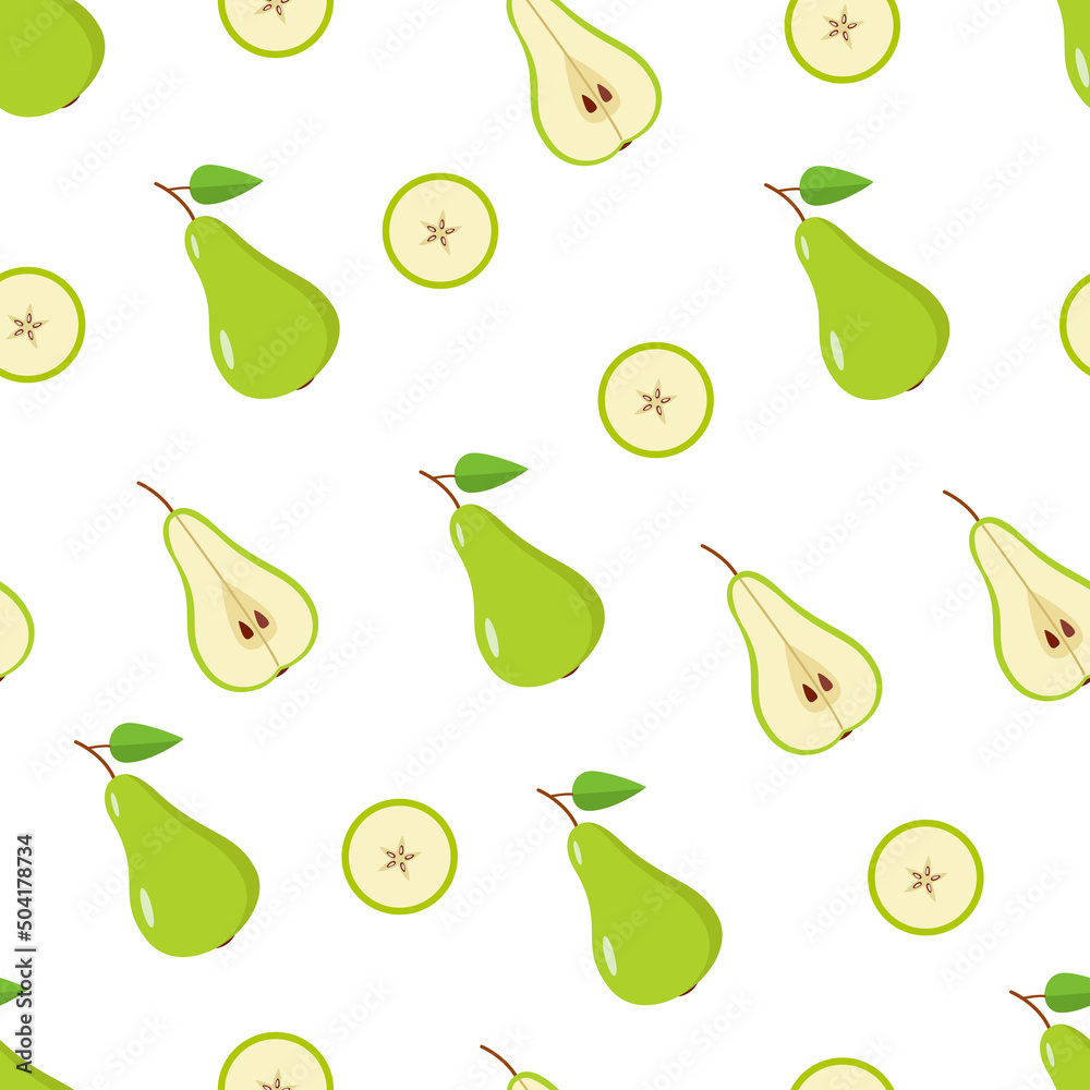Seamless Pattern Green pear is whole, half and a pear slice on a white background. Vector illustration of ripe juicy fruit pears. Seamless Pattern Green pear is whole, half and a pear slice on a white background. Vector illustration of ripe juicy fruit pears.