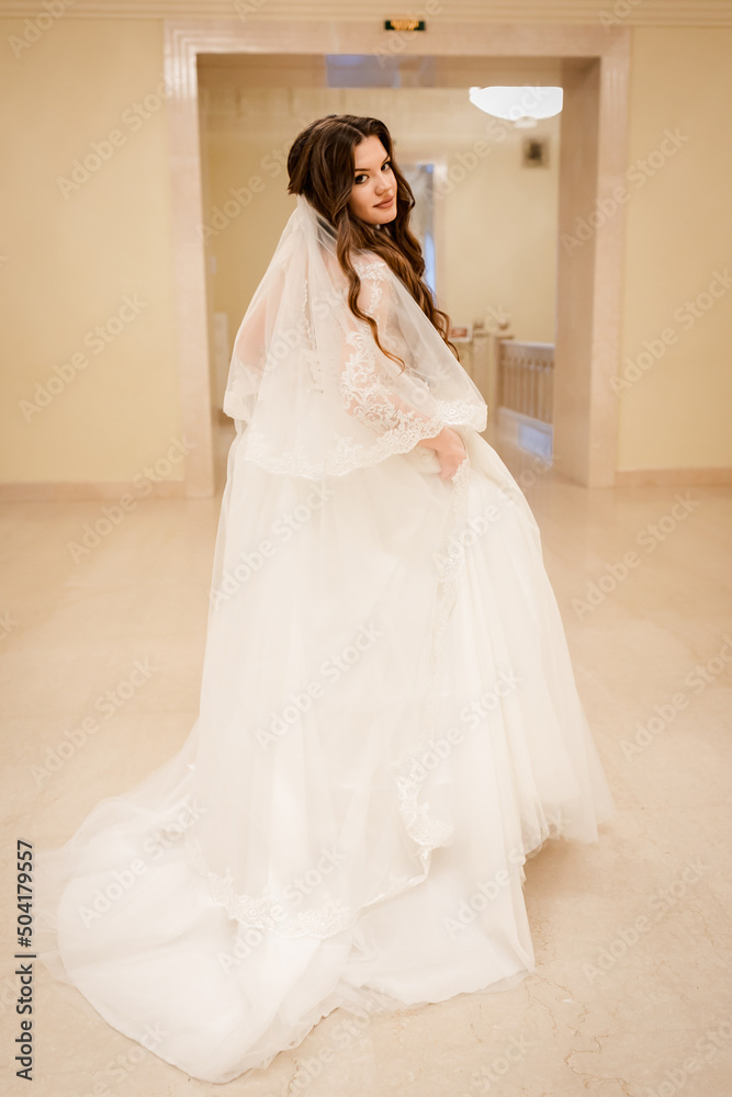 Charming happy bride with long veil. marble staircase Charming happy bride with long veil. marble staircase