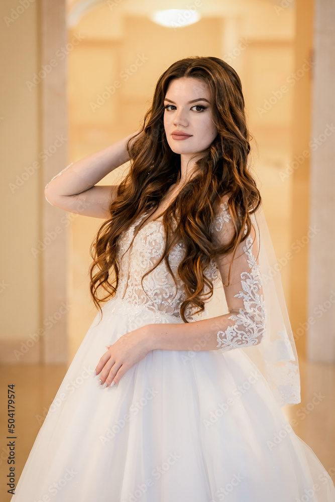 Charming happy bride with long veil. marble staircase Charming happy bride with long veil. marble staircase