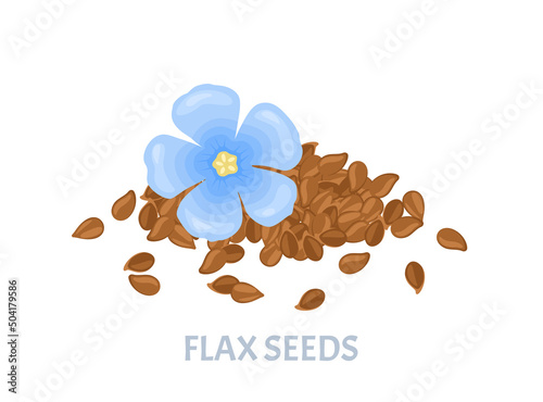 Flax seeds and blue flower isolated on white. Vector cartoon illustration.