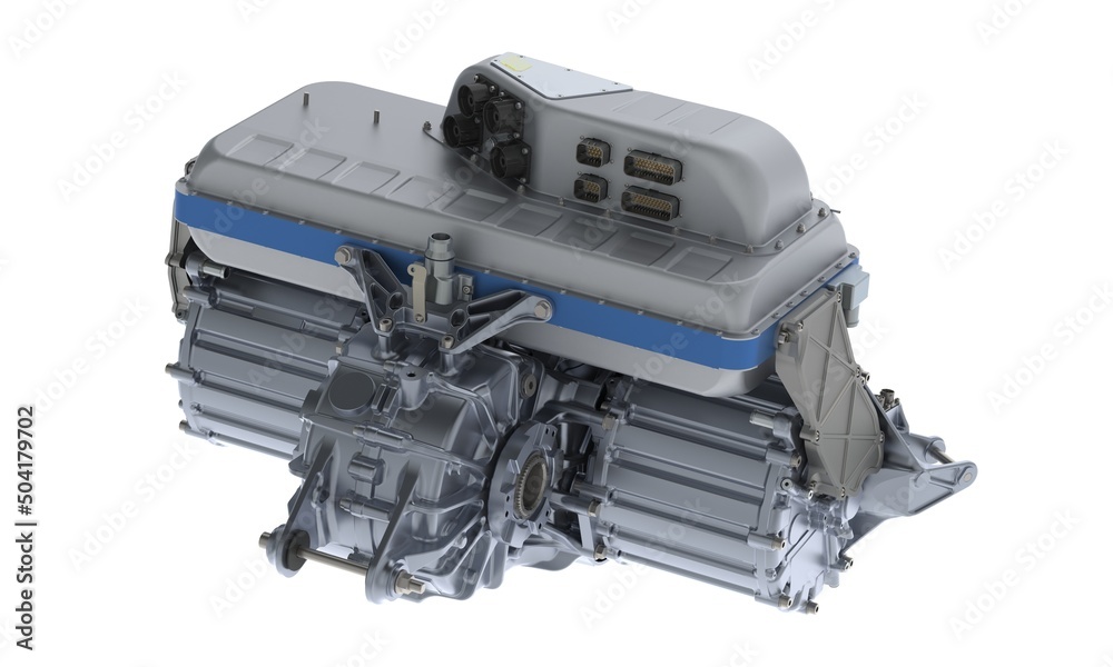 Electric car rear motor. EV motor general presentation, 3D rendering isolated on white background Electric car rear motor. EV motor general presentation, 3D rendering isolated on white background