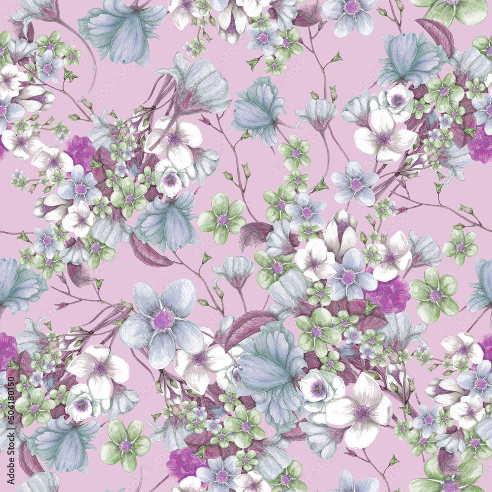 Violet floral seamless pattern with spring flowers