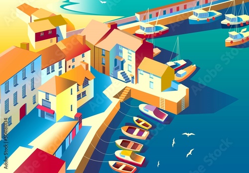 Detailed seascape with small fishing village, boats and the sea in the background. Handmade drawing vector illustration.