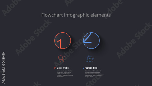 Business 2 step process chart infographic. Circular corporate workflow graphic elements. Company flowchart presentation slide. Vector info graphic in isometric design.