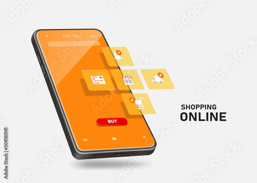 Online shopping icons pop up on smartphone screen for making advertisements on online shopping application platforms,vector 3d isolated on white background for promotion sale design