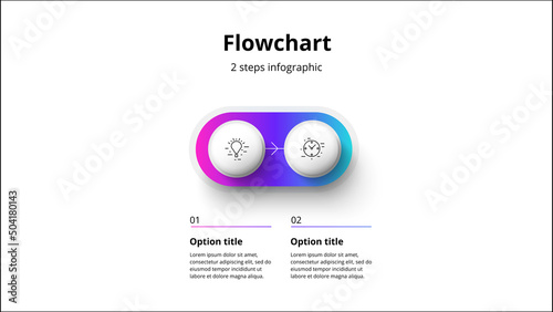 Business 2 step process chart infographic. Circular corporate workflow graphic elements. Company flowchart presentation slide. Vector info graphic in isometric design.