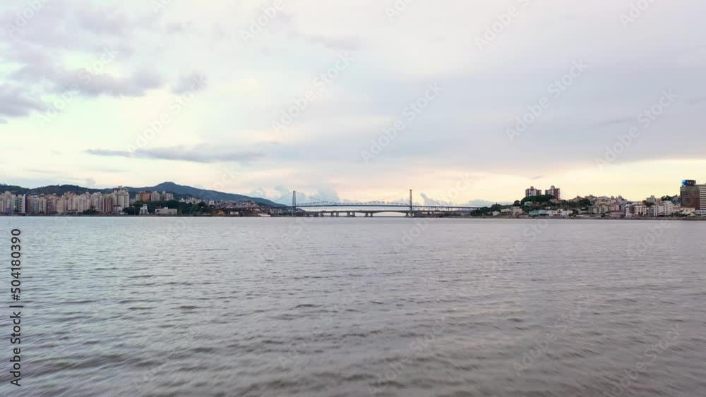 Aerial view of Hercilio Luz bridge crossing the bay of Florianópolis, Brazil