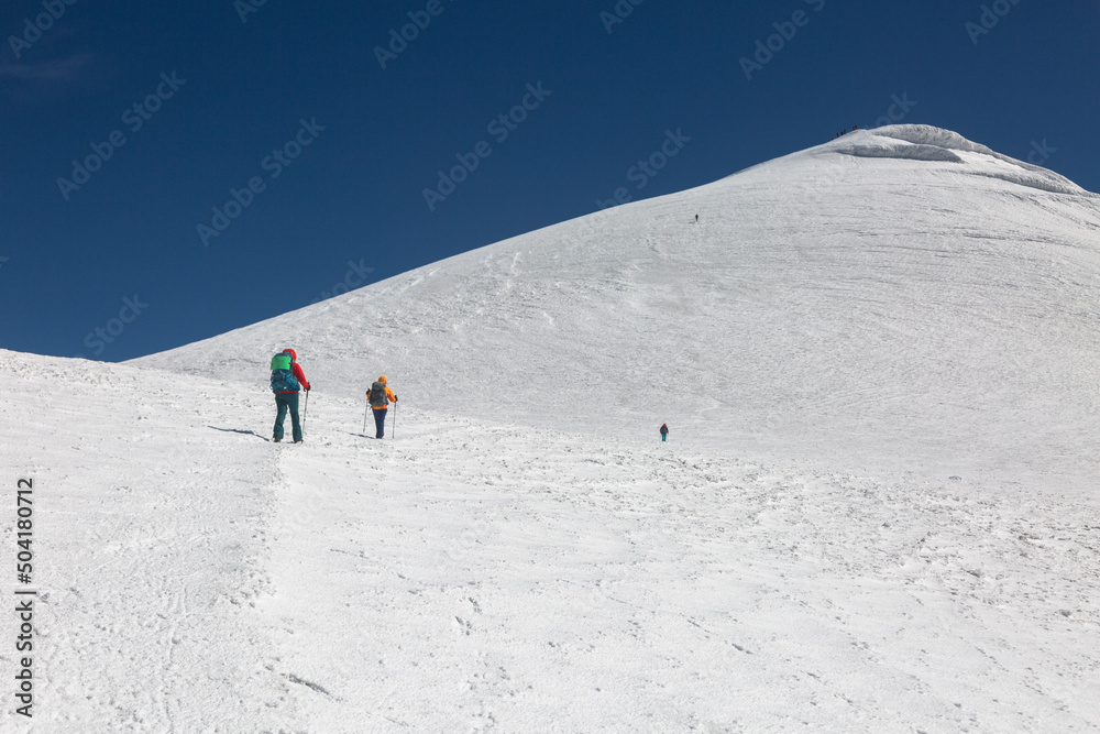 Tourists climb the glacier to the top of Mount Greater Ararat, Agri Dagi, Eastern Anatolia Region, Turkey